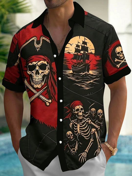 Adaychic Men's Graphic Pirate Skull Print Short Sleeve Shirt with Chest Pocket