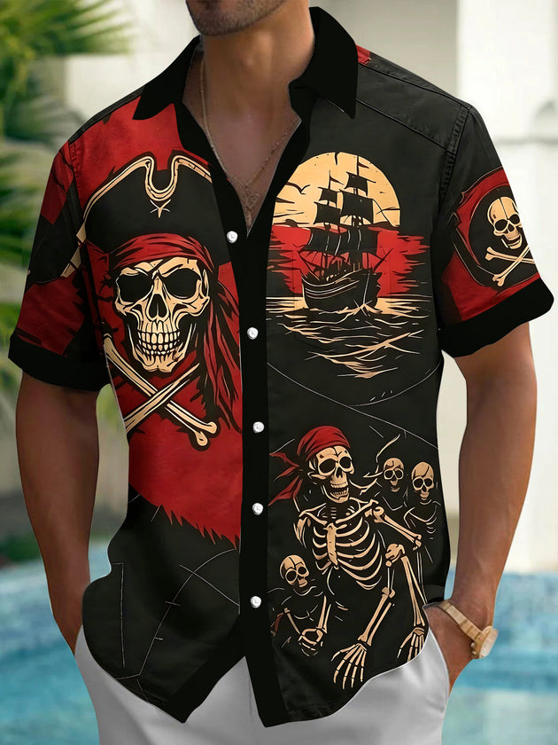 Adaychic Men's Graphic Pirate Skull Print Short Sleeve Shirt with Chest Pocket