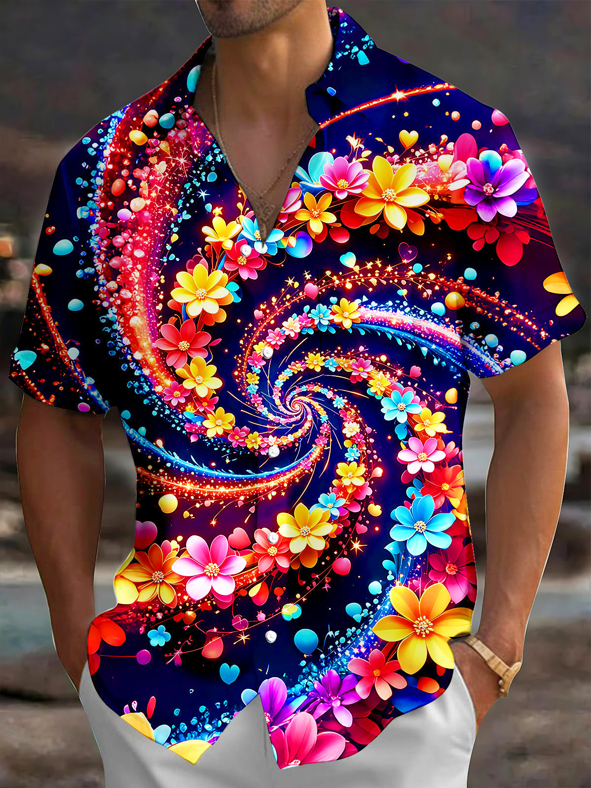 Adaychic Men's Colorful Swirl Blossom Print Short Sleeve Shirt with Chest Pocket