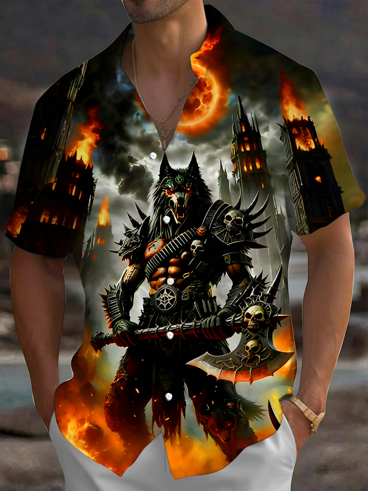 Dark Flame Armored Giant Wolf Castle Men's Pocket Short Sleeve Shirts