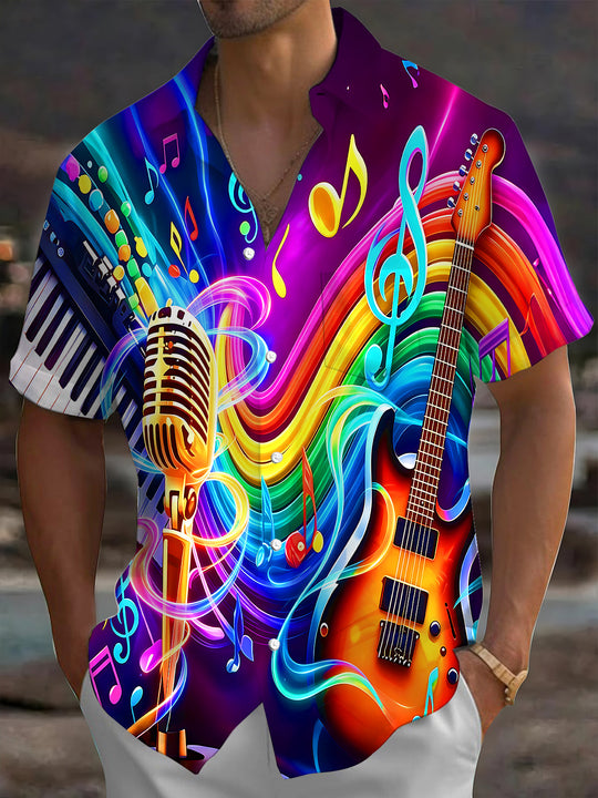 Adaychic Men's Graphic Musical Instruments Print Short Sleeve Shirt with Chest Pocket