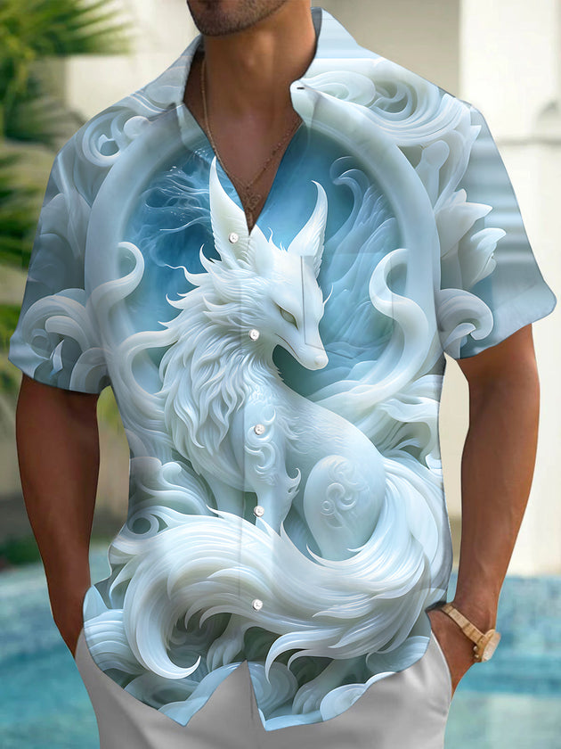 Adaychic Men's Graphic Nine-tailed Spirit Fox Print Short Sleeve Shirt with Chest Pocket