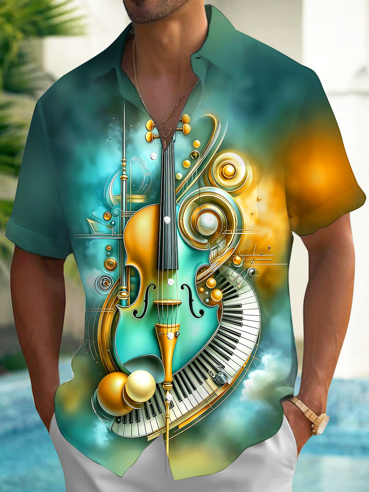 Adaychic Men's Violin And Piano Keyboard Art Print Short Sleeve Shirt with Chest Pocket