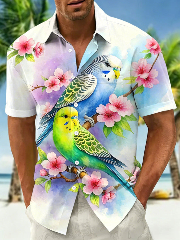 Adaychic Men's Hawaiian Watercolor Budgies Print Short Sleeve Shirt with Chest Pocket