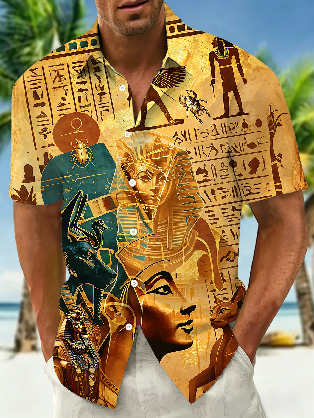 Adaychic Men's Ancient Egyptian Pharaoh Print Short Sleeve Shirt with Chest Pocket