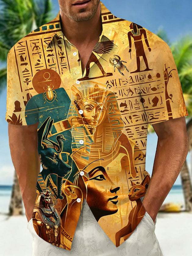 Adaychic Men's Ancient Egyptian Pharaoh Print Short Sleeve Shirt with Chest Pocket