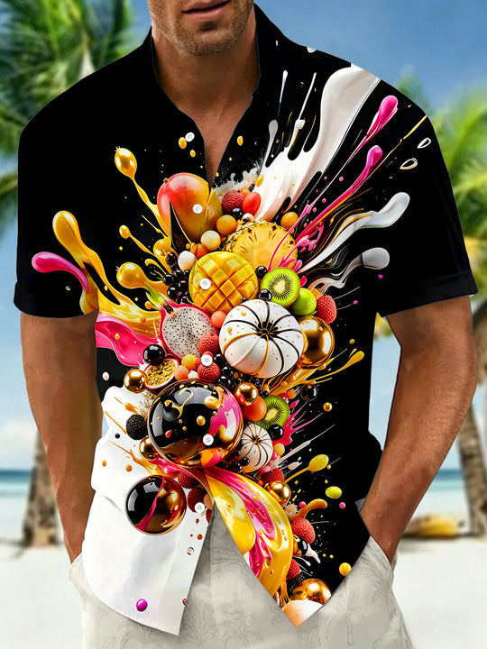 Adaychic Men's Graphic Fruit Fluid Splash Print Short Sleeve Shirt with Chest Pocket