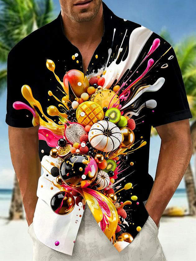 Adaychic Men's Graphic Fruit Fluid Splash Print Short Sleeve Shirt with Chest Pocket