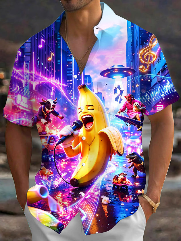Adaychic Men's Graphic Singing Banana Print Short Sleeve Shirt with Chest Pocket