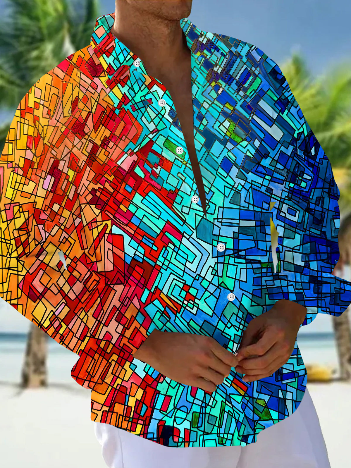Adaychic Men's Graphic Stained Glass Mosaic Print Long Sleeve Shirt with Chest Pocket