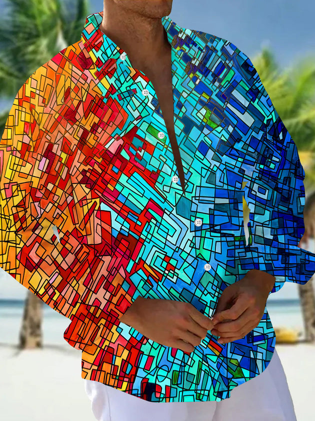 Adaychic Men's Graphic Stained Glass Mosaic Print Long Sleeve Shirt with Chest Pocket