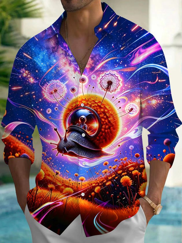 Adaychic Men's Graphic Space Snail Astronaut Print Long Sleeve Shirt with Chest Pocket
