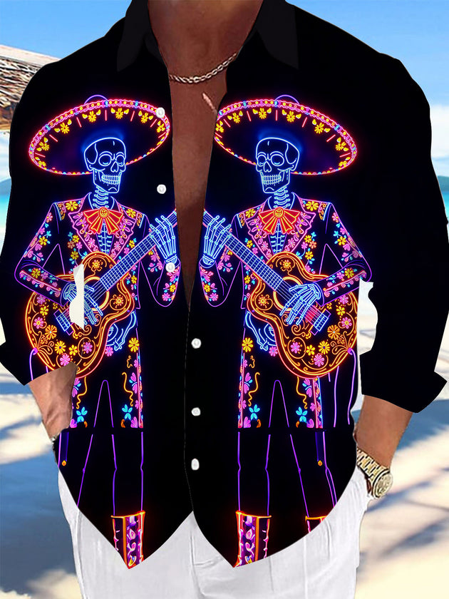 Neon Colorful Guitar‑Playing Music Skeleton Men's Pocket Long Sleeve Shirts