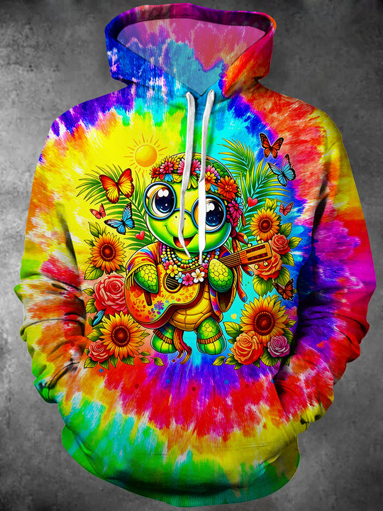Adaychic Men's Graphic Tie Dye Sea Turtle Print Long Sleeve Hoodie with Chest Pocket
