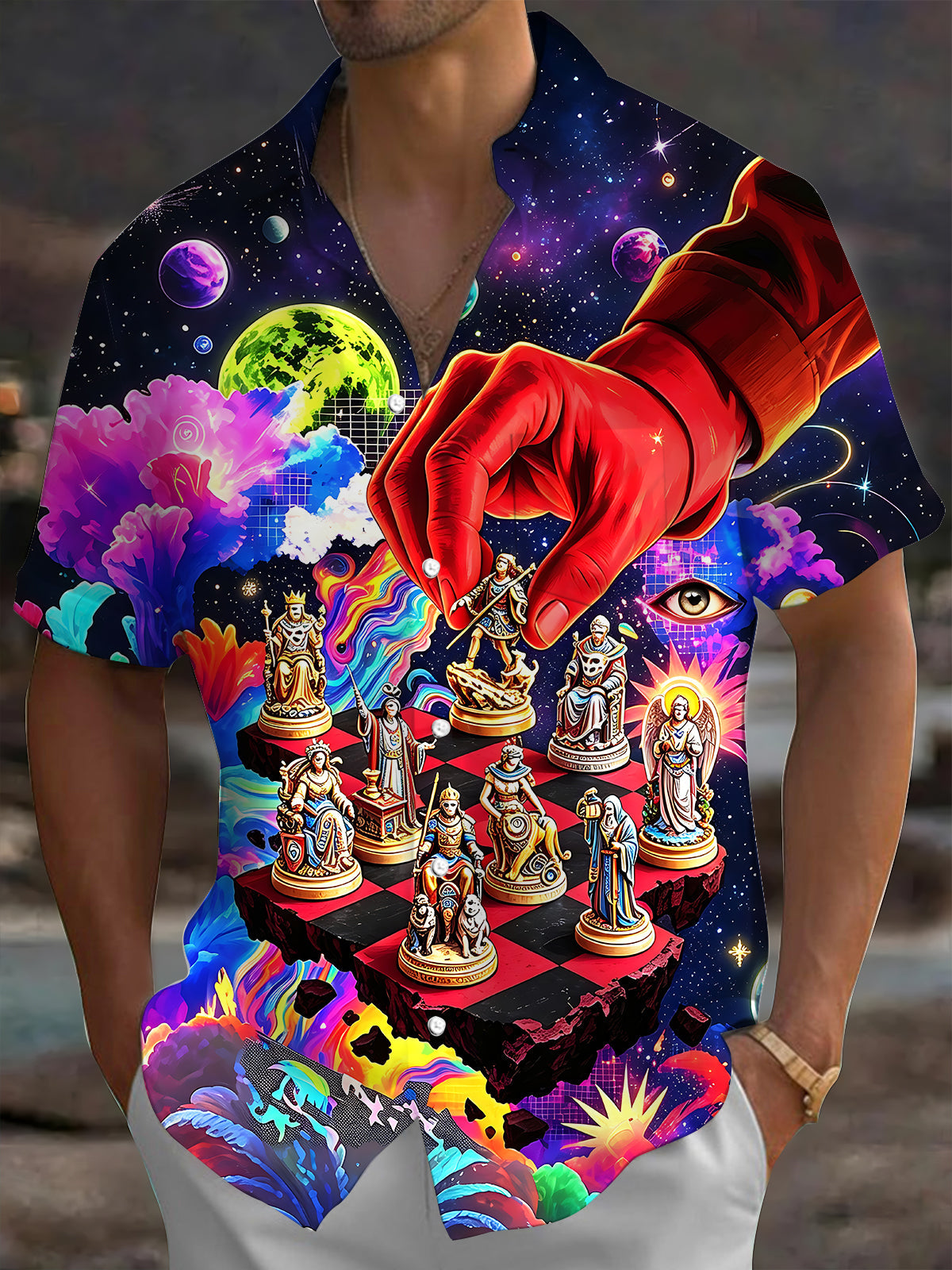 Adaychic Men's Graphic Cosmic Chessboard Print Short Sleeve Shirt with Chest Pocket
