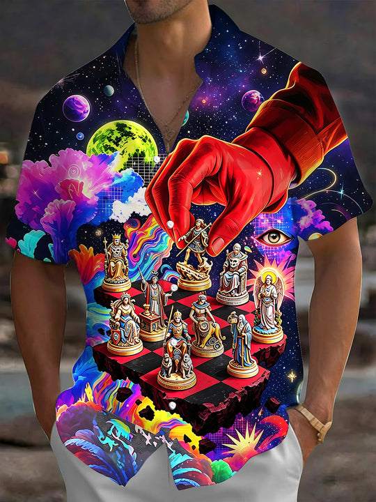 Adaychic Men's Graphic Cosmic Chessboard Print Short Sleeve Shirt with Chest Pocket