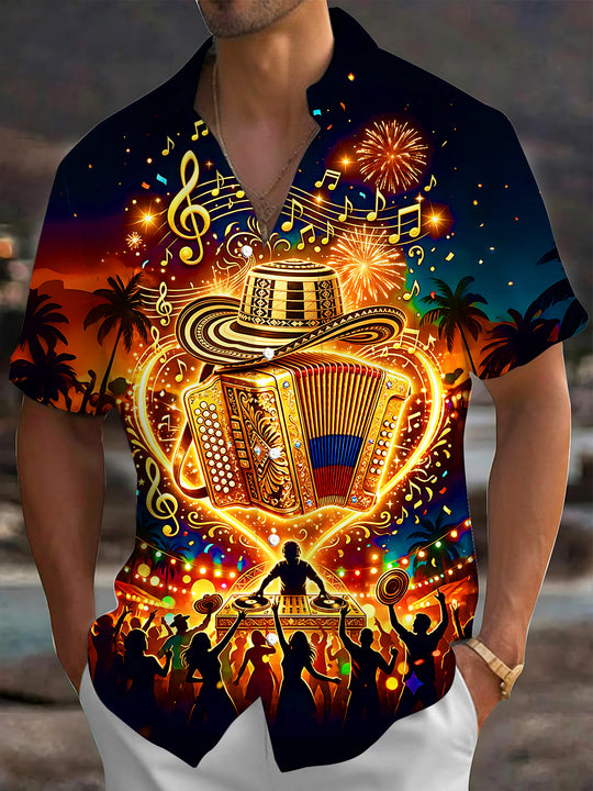 Adaychic Men's Accordion And Sombrero Print Short Sleeve Shirt with Chest Pocket