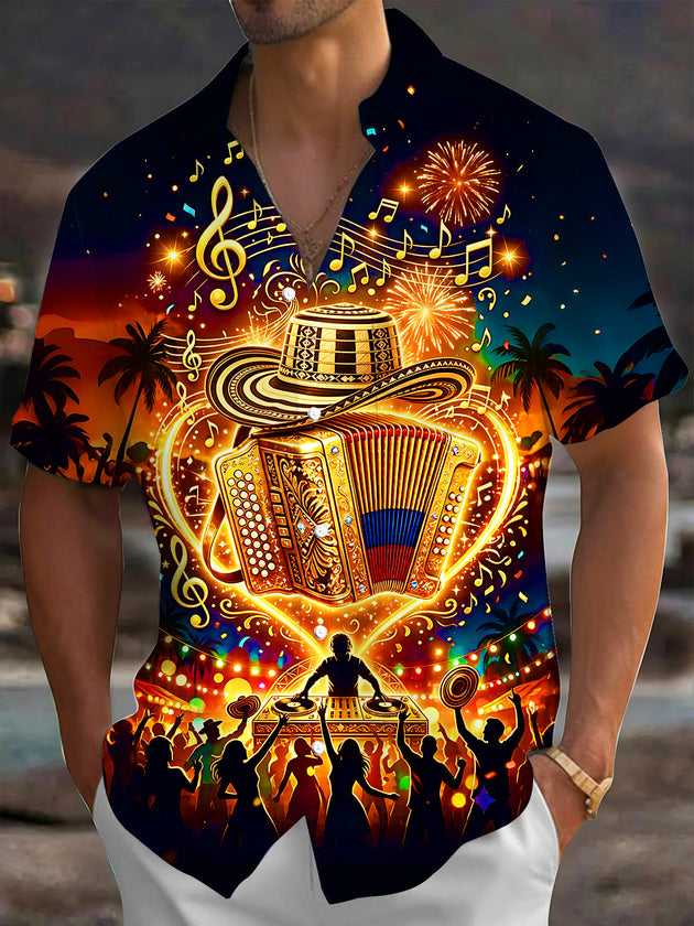 Adaychic Men's Accordion And Sombrero Print Short Sleeve Shirt with Chest Pocket