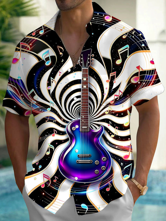 Adaychic Men's Graphic Electric Guitar Print Short Sleeve Shirt with Chest Pocket