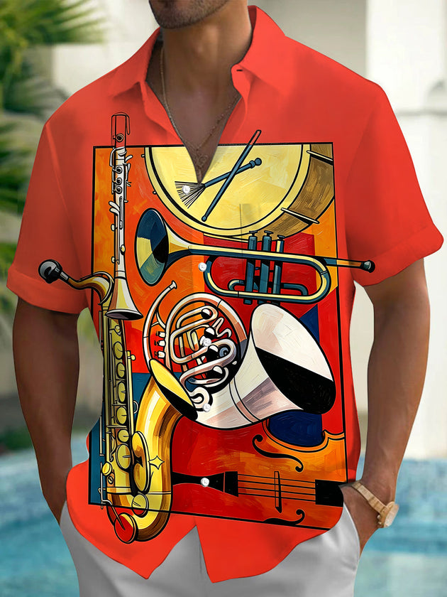 Adaychic Men's Musical Instruments Collage Print Short Sleeve Shirt with Chest Pocket