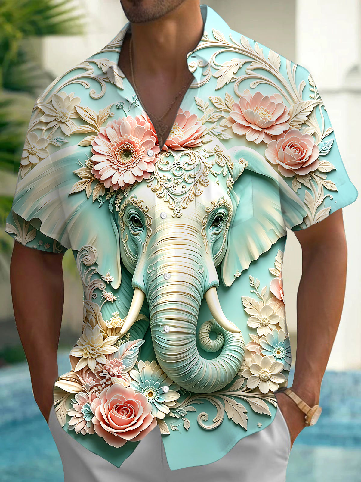 Adaychic Men's Hawaiian Elephant Relief Print Short Sleeve Shirt with Chest Pocket