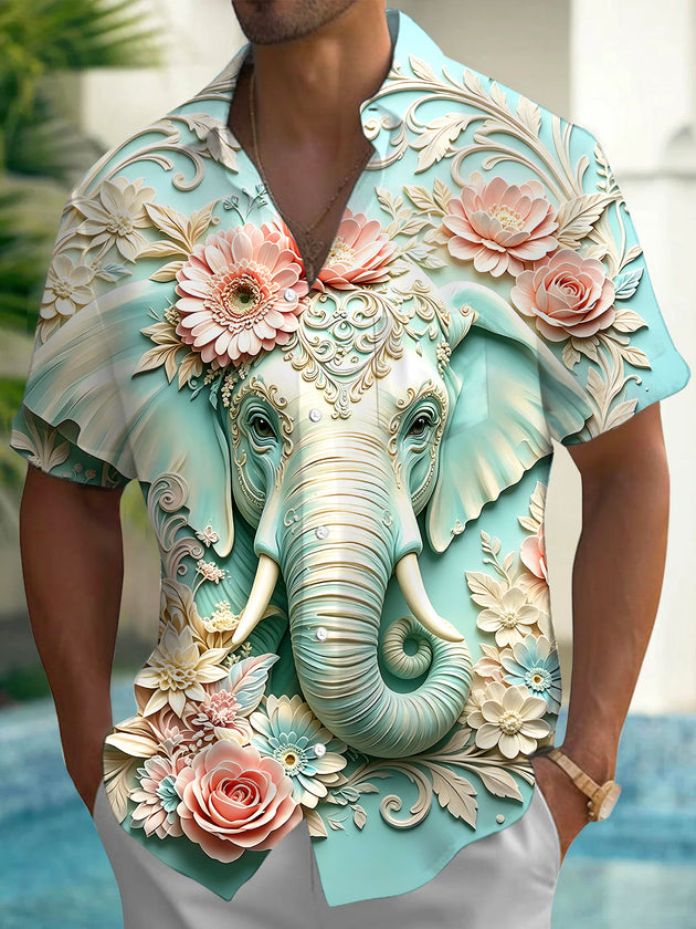 Adaychic Men's Hawaiian Elephant Relief Print Short Sleeve Shirt with Chest Pocket