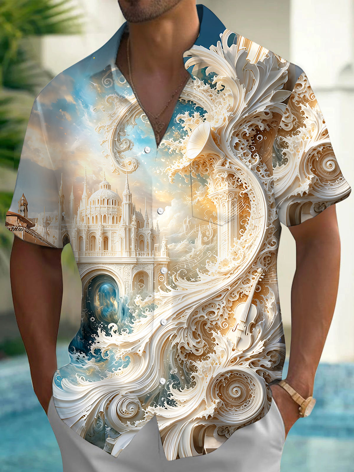 Adaychic Men's Graphic Relief Wave Castle Print Short Sleeve Shirt with Chest Pocket