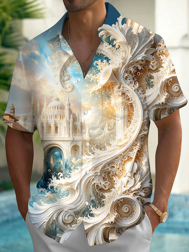 Adaychic Men's Graphic Relief Wave Castle Print Short Sleeve Shirt with Chest Pocket