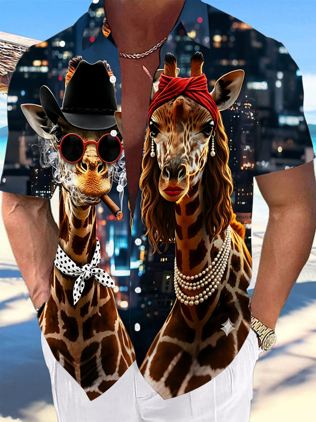 Adaychic Men's Funny Giraffe Characters Print Short Sleeve Shirt with Chest Pocket