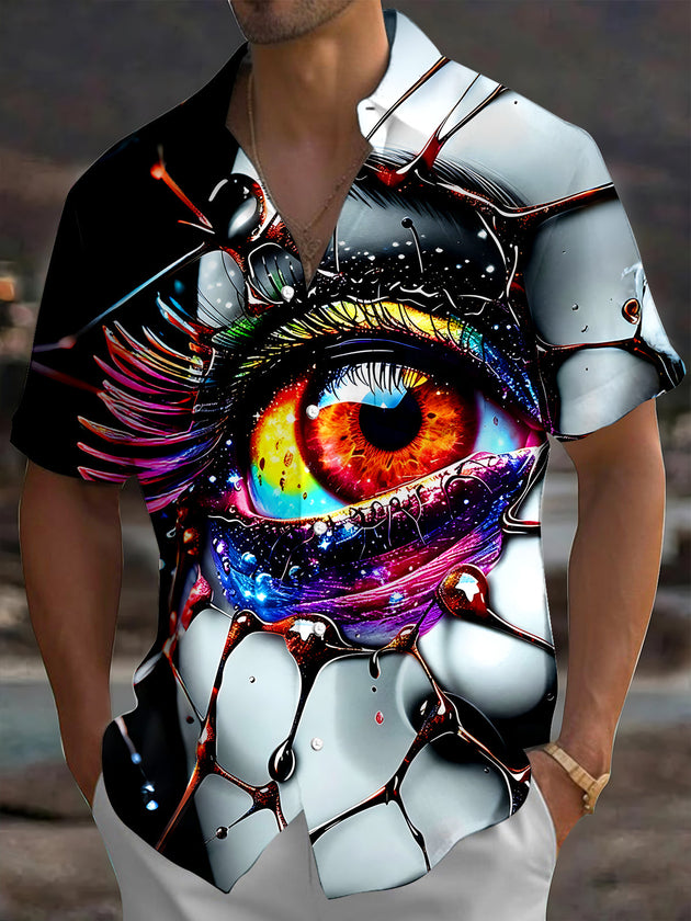 Adaychic Men's Graphic Cosmic Eye Print Short Sleeve Shirt with Chest Pocket