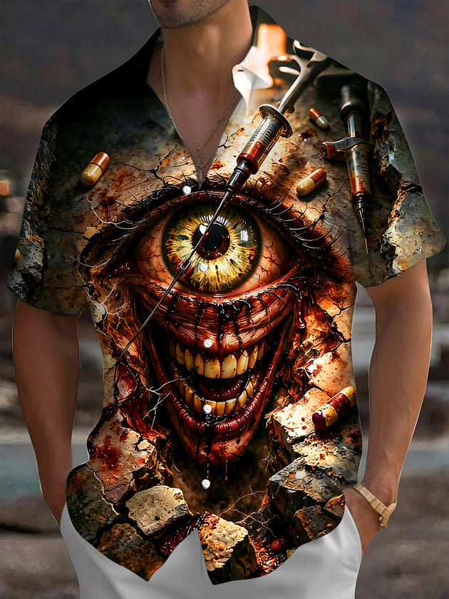 Adaychic Men's Graphic Horror Eye Print Short Sleeve Shirt with Chest Pocket