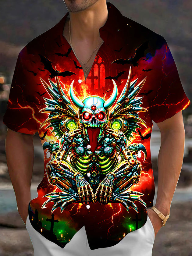 Adaychic Men's Graphic Mechanical Demon Skull Print Short Sleeve Shirt with Chest Pocket