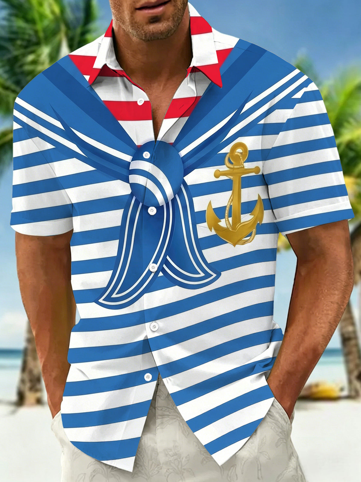 Adaychic Men's Striped Nautical Anchor Print Short Sleeve Shirt with Chest Pocket