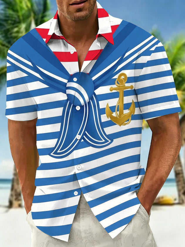 Adaychic Men's Striped Nautical Anchor Print Short Sleeve Shirt with Chest Pocket