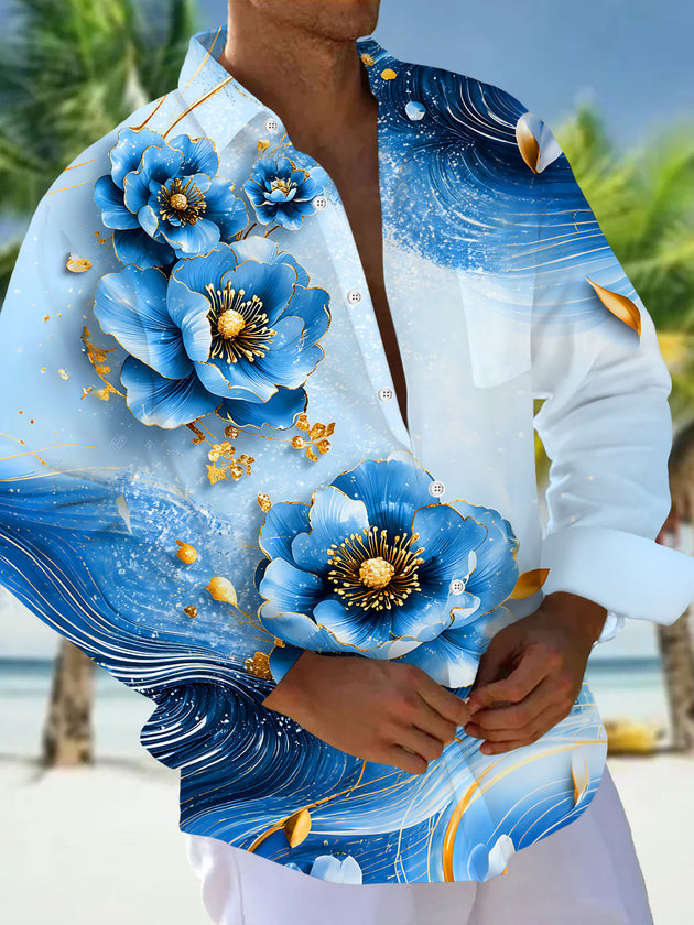 Adaychic Men's Printed Blue Peony Flowers Print Long Sleeve Shirt with Chest Pocket