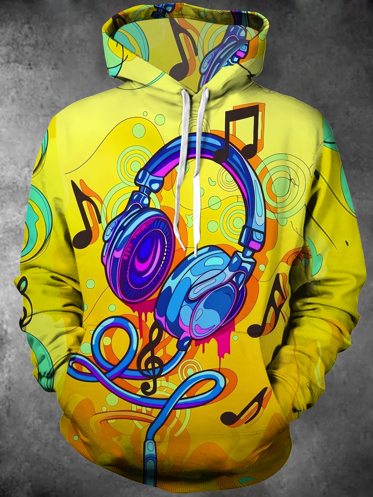 Adaychic Men's Graphic Neon Headphones Print Long Sleeve Hoodie with Chest Pocket