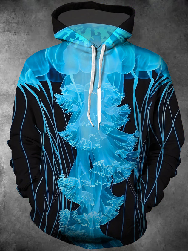 Adaychic Men's Graphic Jellyfish Print Long Sleeve Hoodie with Chest Pocket