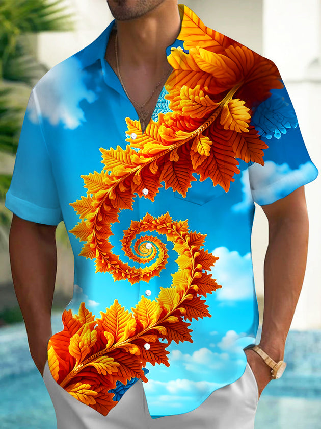 Adaychic Men's Hawaiian Spiral Autumn Leaves Print Short Sleeve Shirt with Chest Pocket