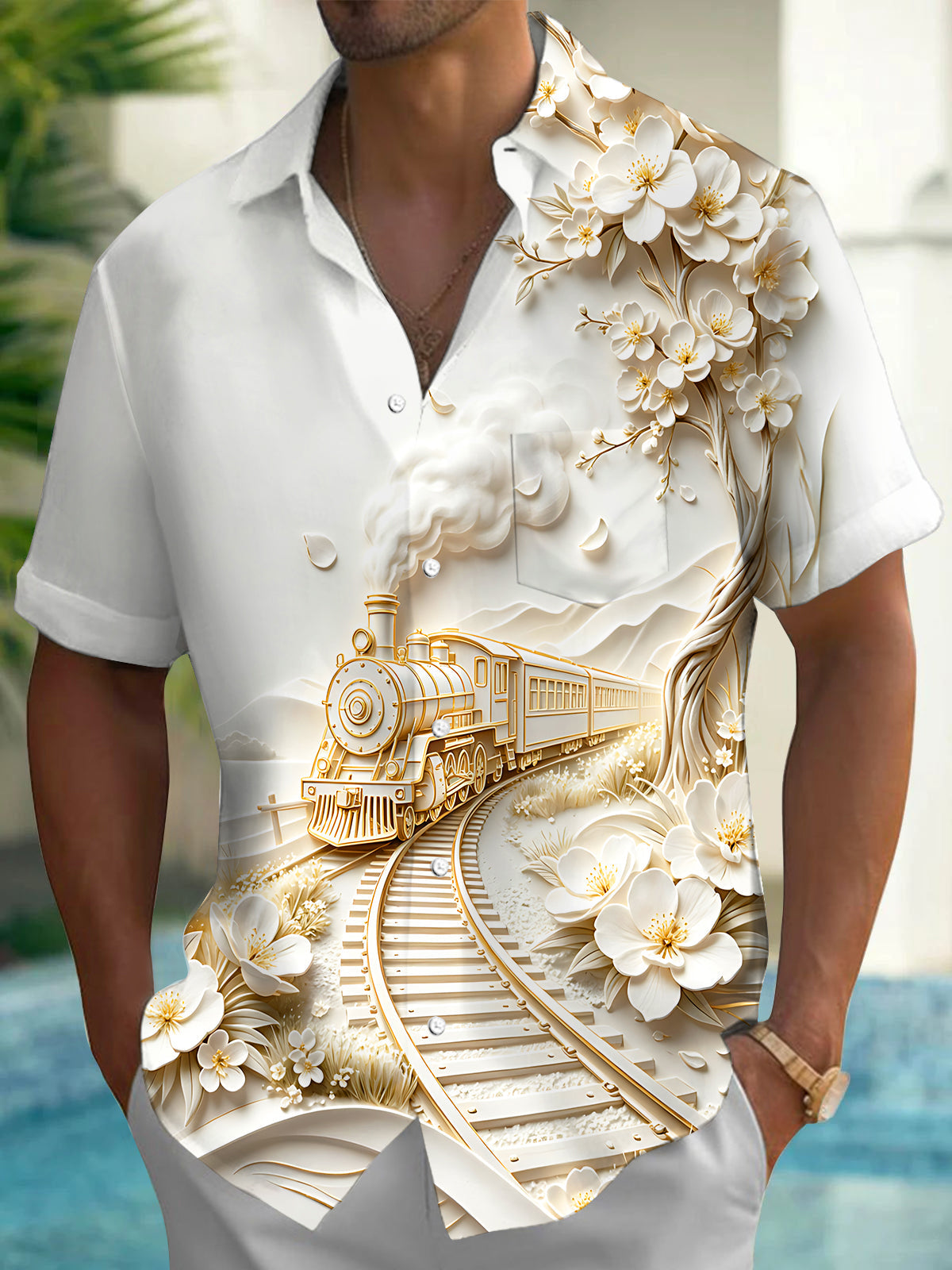 Adaychic Men's Printed Train Landscape Print Short Sleeve Shirt with Chest Pocket