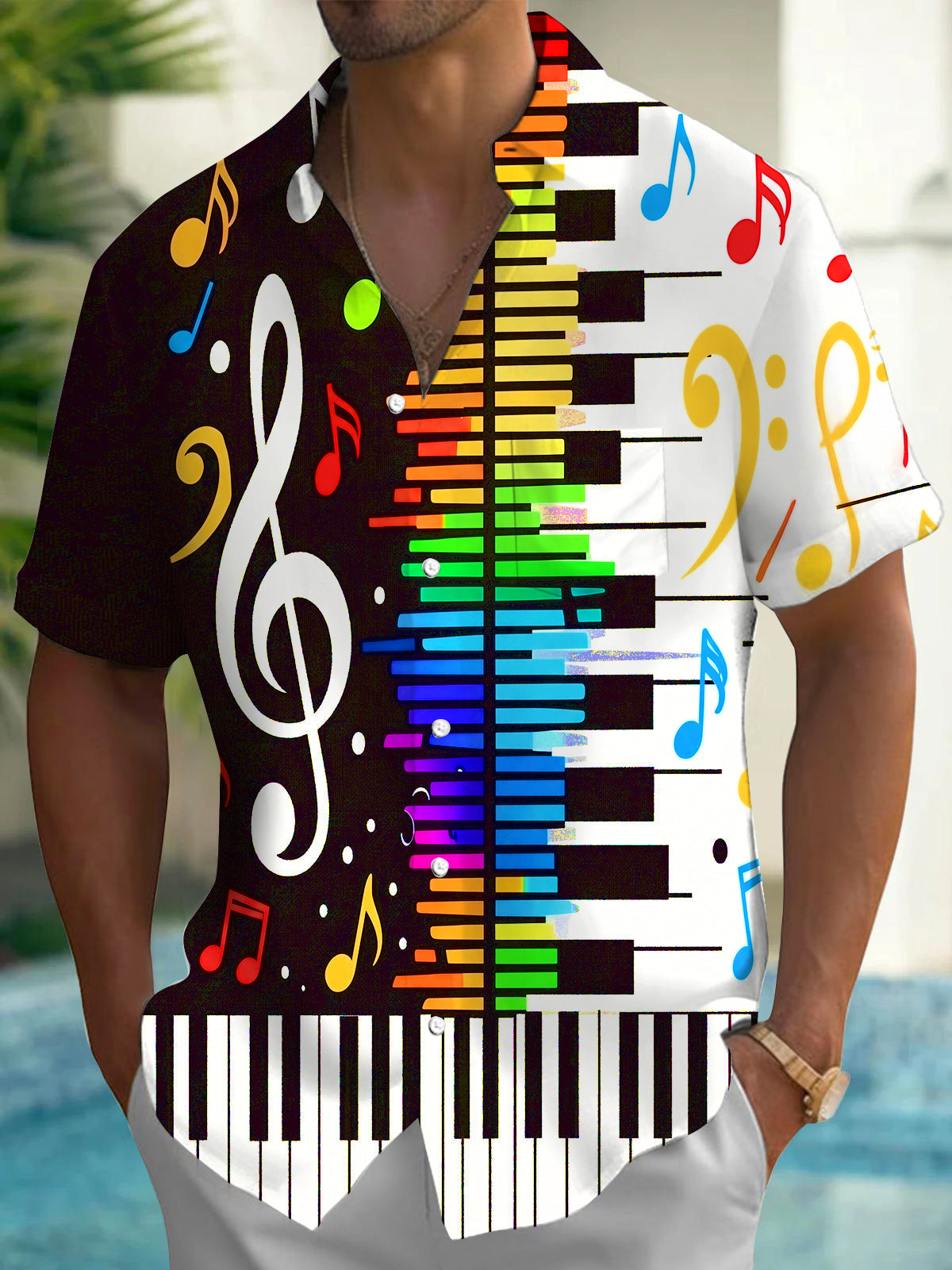 Adaychic Men's Graphic Rainbow Piano Keys Print Short Sleeve Shirt with Chest Pocket