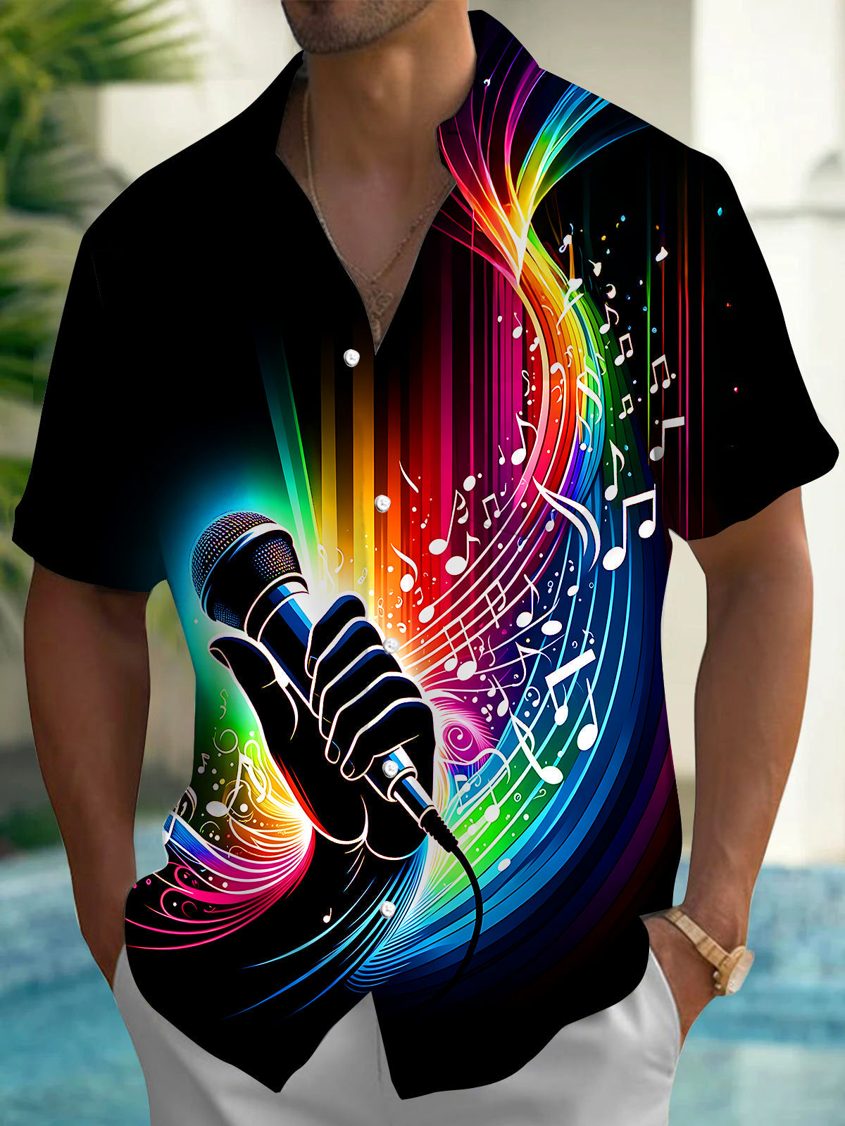 Adaychic Men's Graphic Neon Microphone Print Short Sleeve Shirt with Chest Pocket