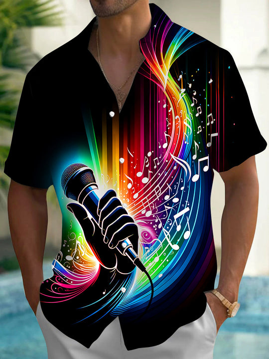 Adaychic Men's Graphic Neon Microphone Print Short Sleeve Shirt with Chest Pocket