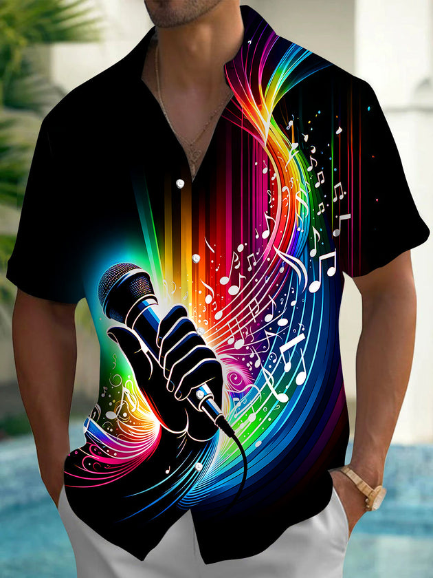 Adaychic Men's Graphic Neon Microphone Print Short Sleeve Shirt with Chest Pocket