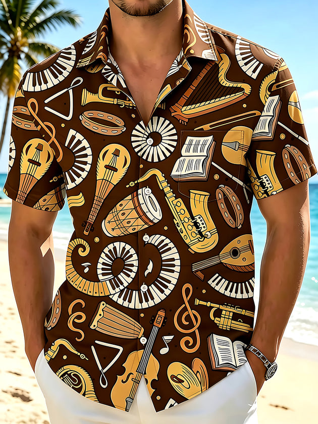 Adaychic Men's Hawaiian Musical Instruments Print Short Sleeve Shirt with Chest Pocket