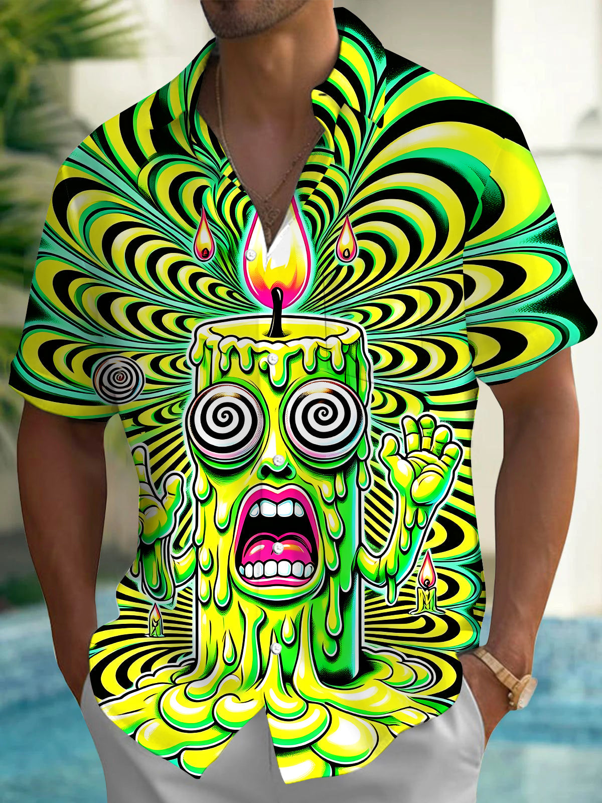 Adaychic Men's Graphic Candle Monster Print Swirl Pattern Short Sleeve Shirt with Chest Pocket