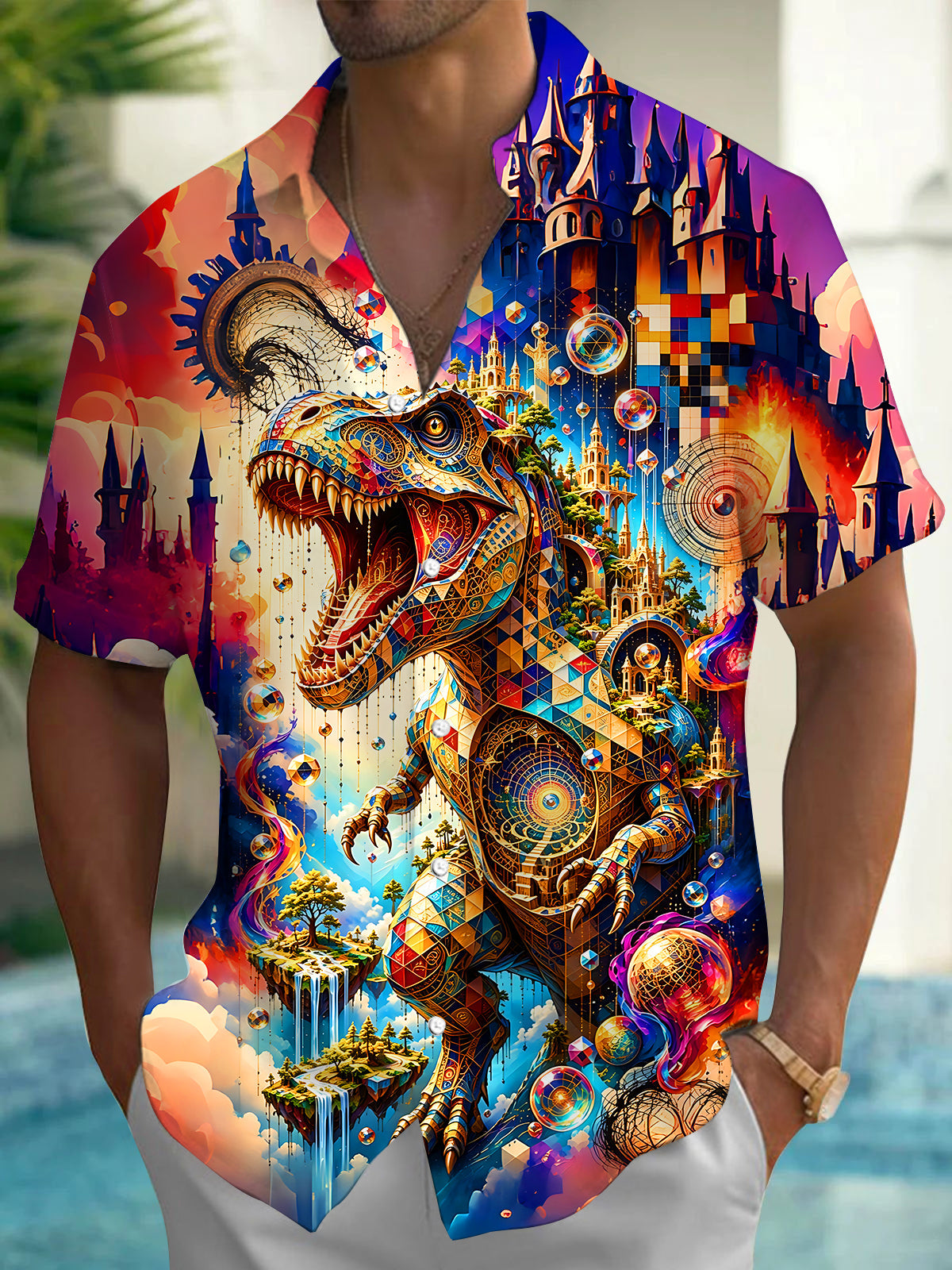 Adaychic Men's Graphic Mechanical Dinosaur Print Short Sleeve Shirt with Chest Pocket
