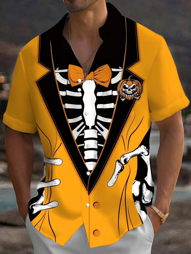 Adaychic Men's Graphic Skeleton Tuxedo Print Short Sleeve Shirt with Chest Pocket