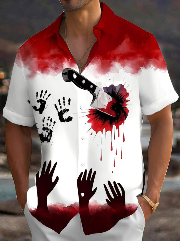 Adaychic Men's Graphic Blood Splatter Print Knife Print Short Sleeve Shirt with Chest Pocket