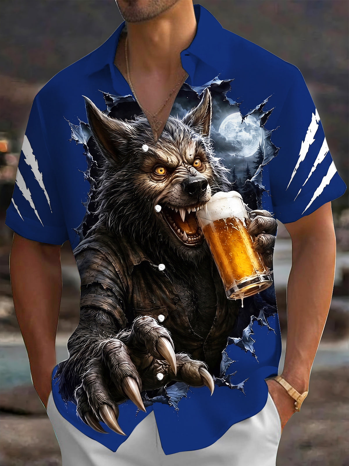 Adaychic Men's Graphic Werewolf Drinking Beer Print Short Sleeve Shirt with Chest Pocket