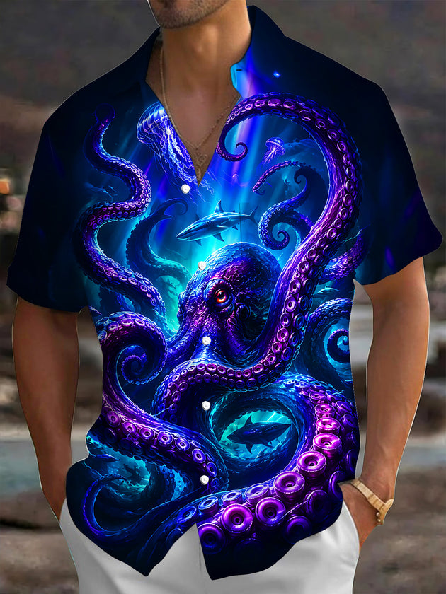 Adaychic Men's Graphic Deep Sea Octopus Print Short Sleeve Shirt with Chest Pocket